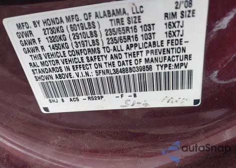 2008 Honda Odyssey Ex from USA, damaged, VIN 5FNRL38488B039858